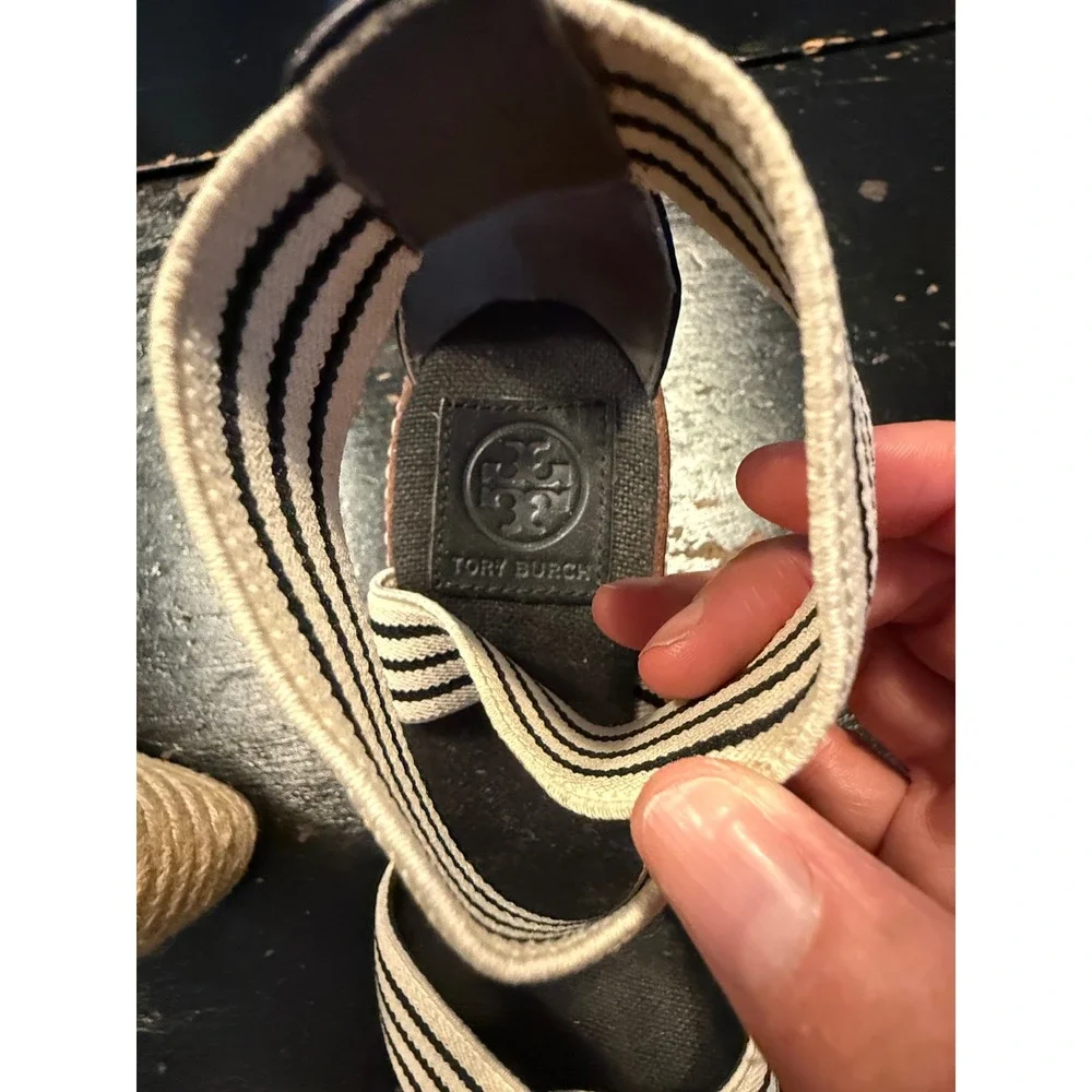 Tory Burch Women Black White Striped Elastic Espadrille Wedge Sandals Size 9